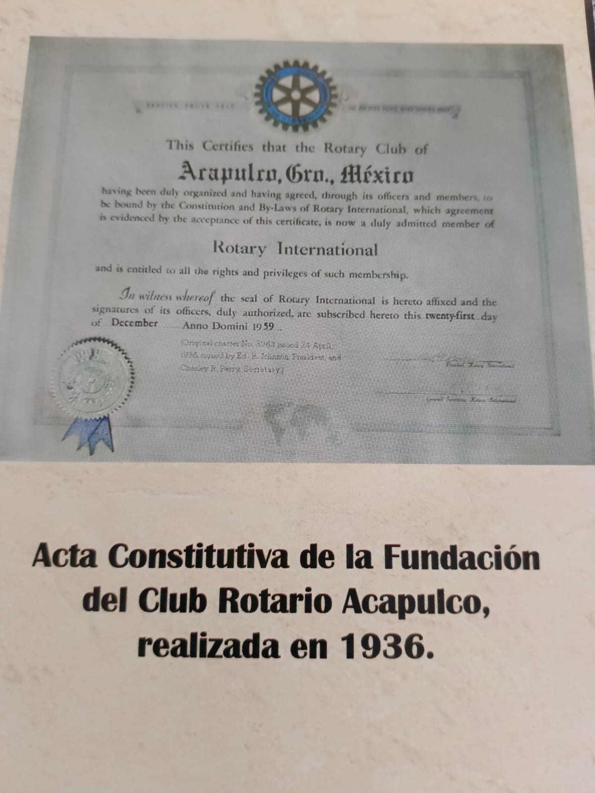 Acta constitutiva del Club Rotario Acapulco